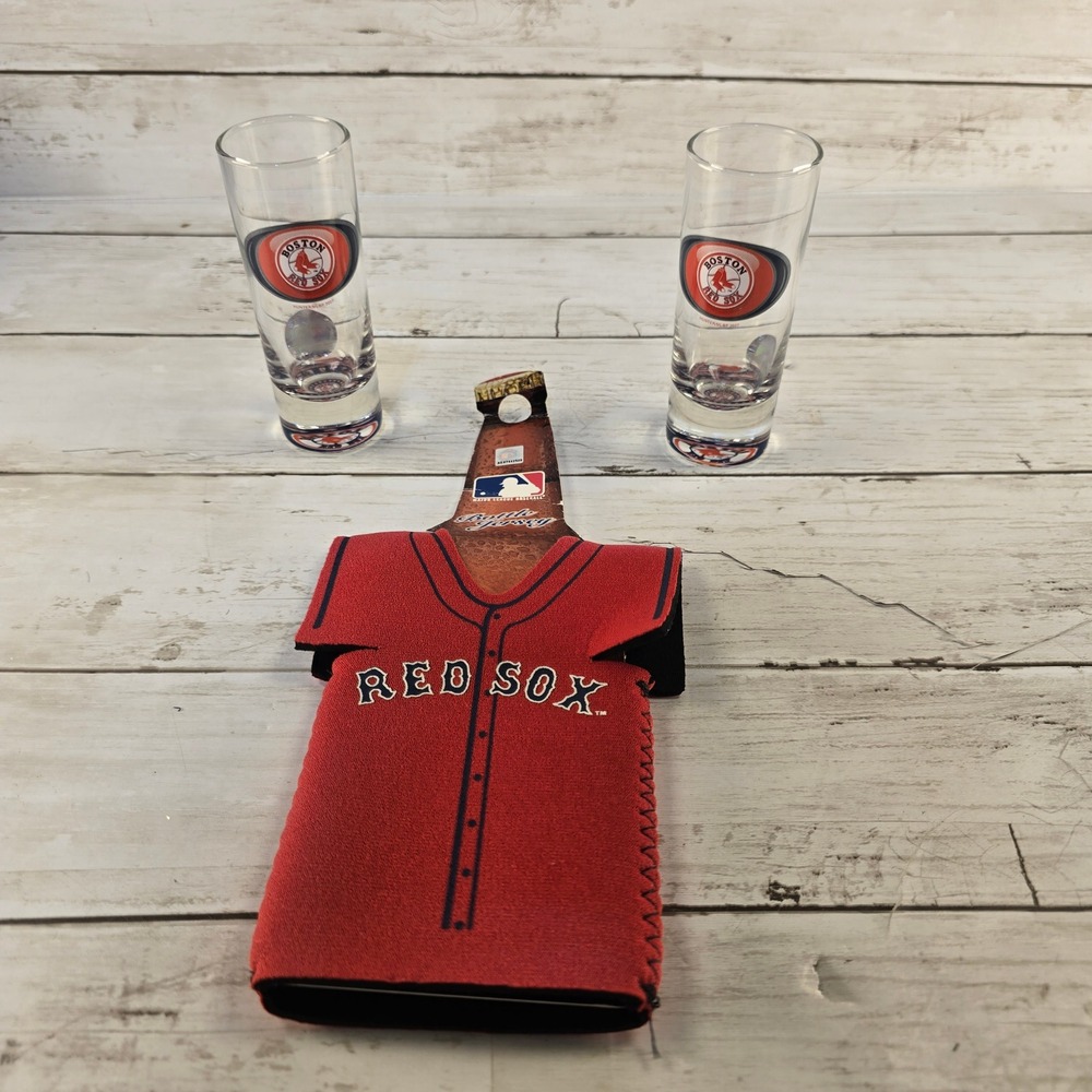 NWT Boston Red Sox MLB Shot Glass Set of 2 and Jersey Bottle Koozie New 2007 Red